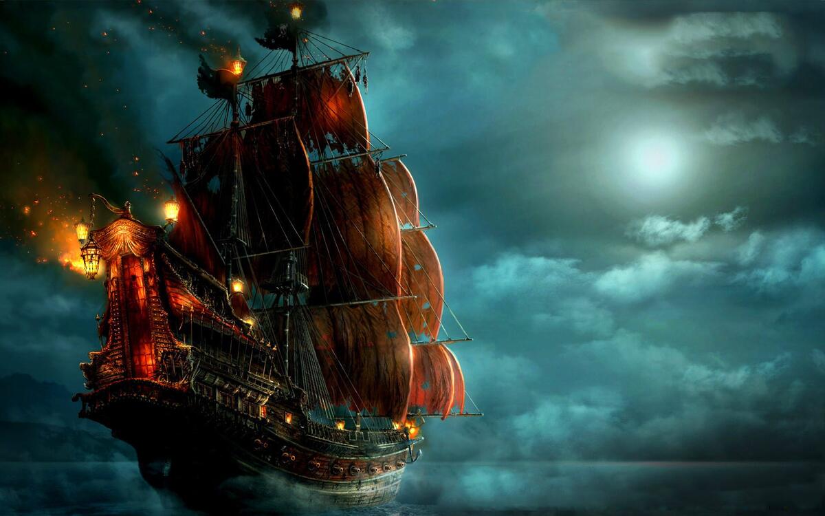 Creepy ship in the night in the moonlight