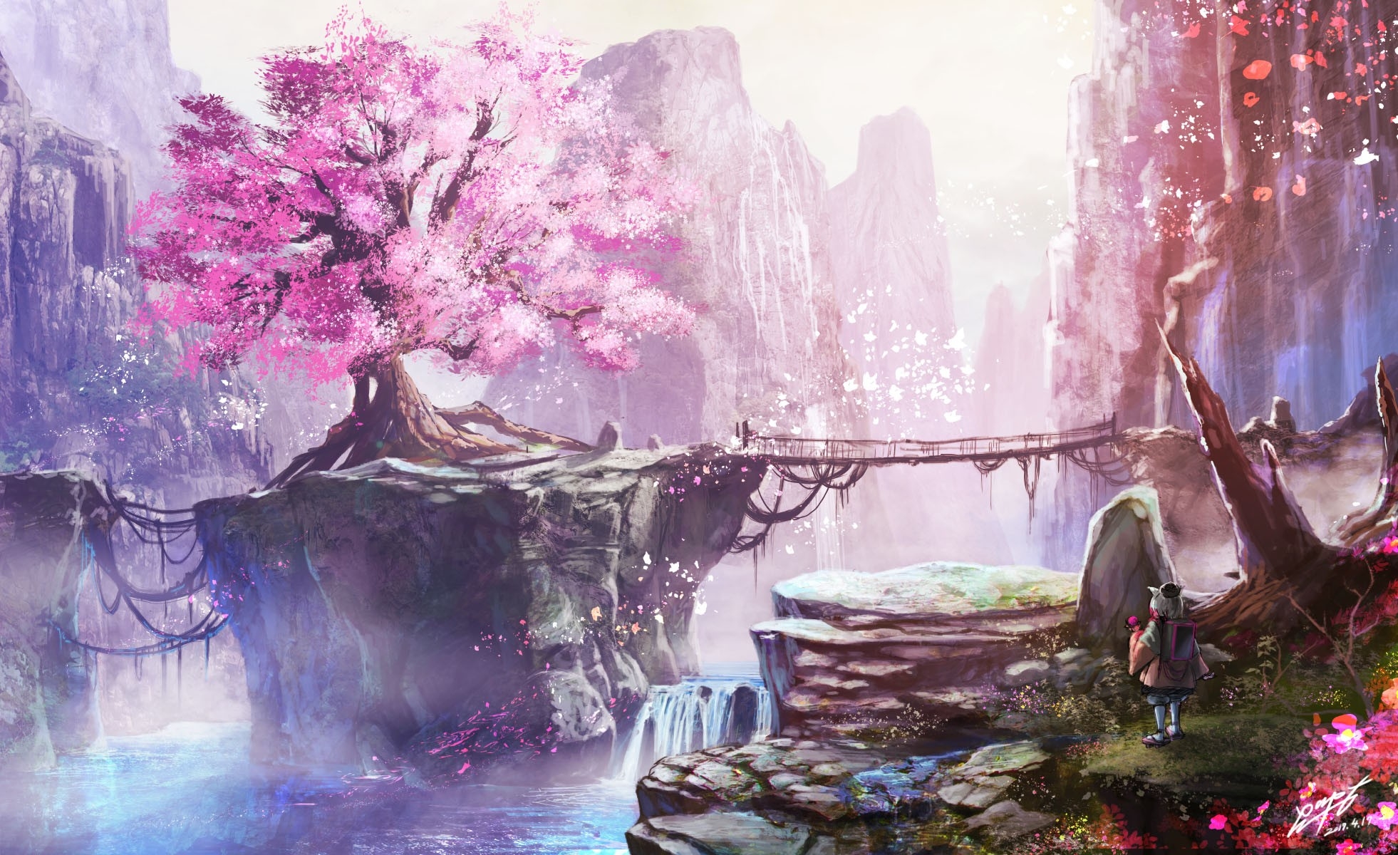 Фото бесплатно обои аниме пейзаж, вишни, мост