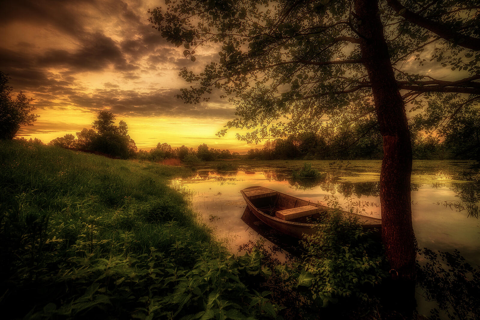 Wallpapers grass boat sunset on the desktop