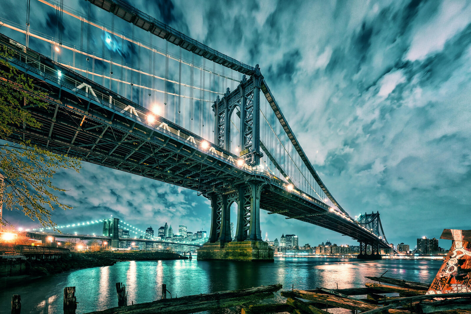 Wallpapers Manhattan Brooklyn Bridge night on the desktop