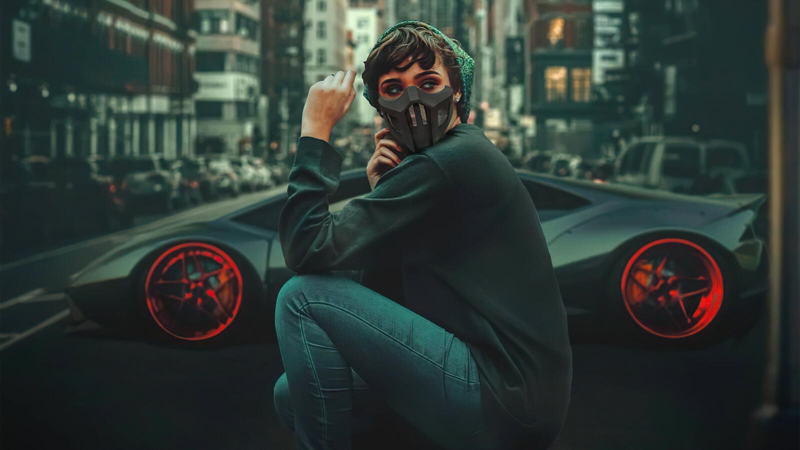 Free photo Masked girl in front of a Lamborghini.