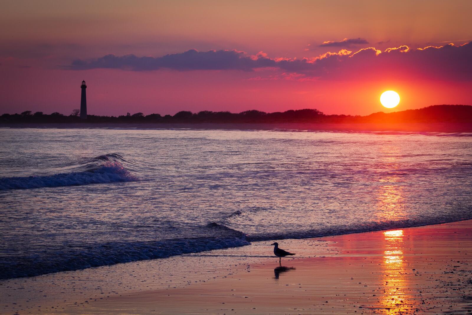 Бесплатное фото Красное солнце на закате у берега моря