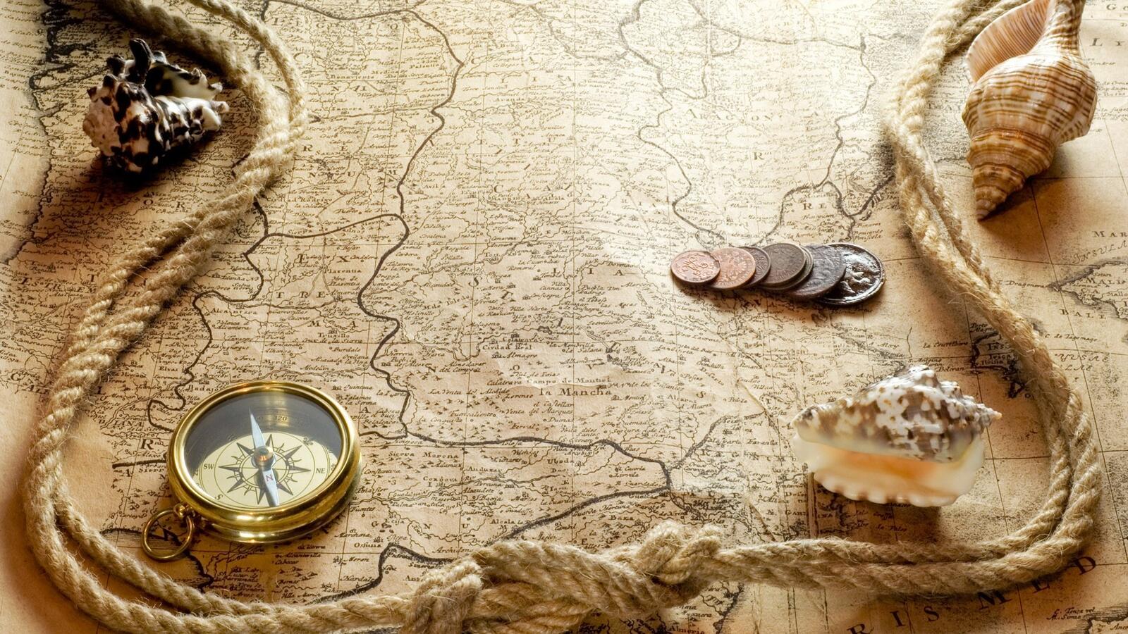 Wallpapers old map rope compass on the desktop