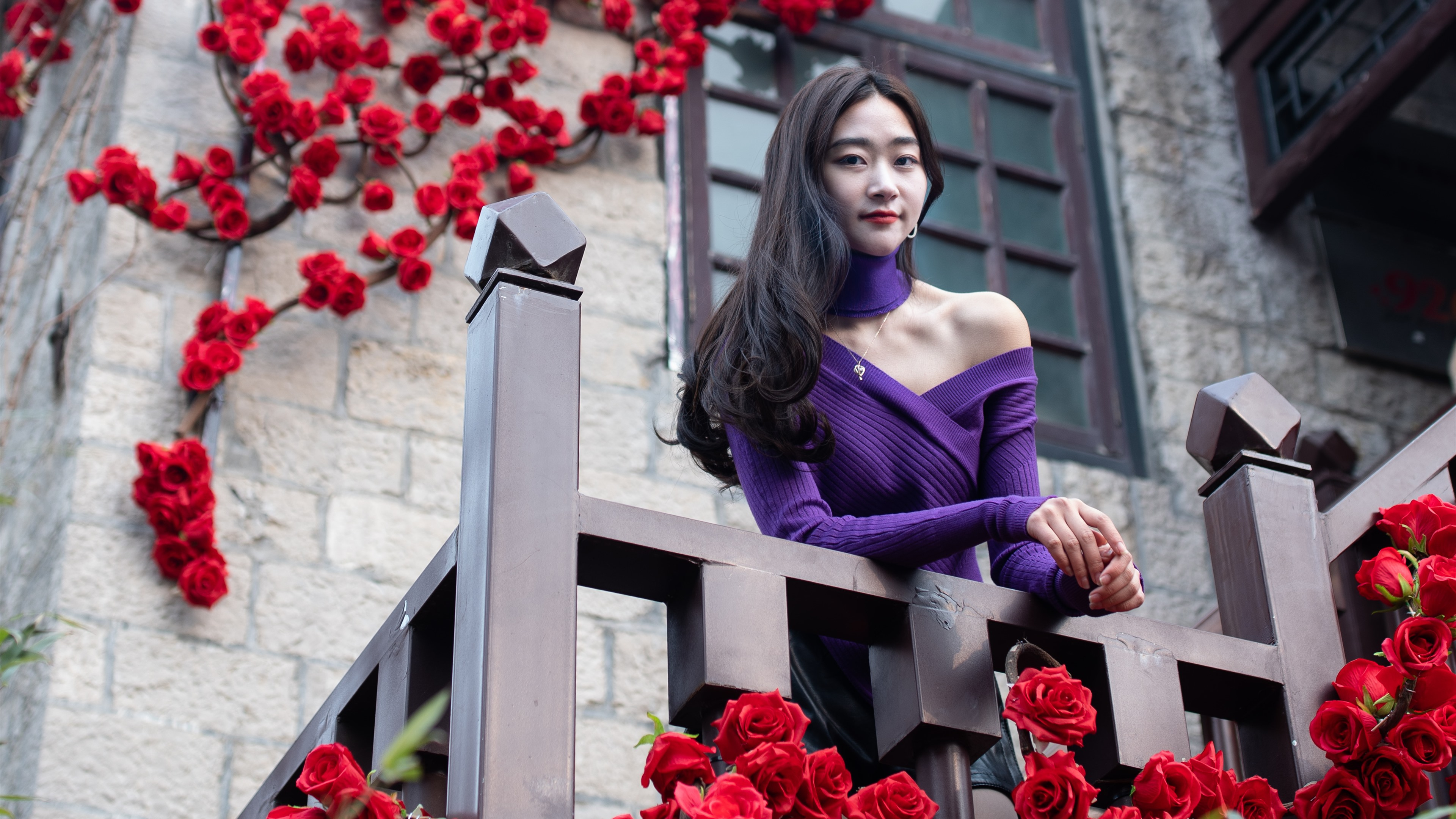 Wallpapers wallpaper asian woman red roses purple sweater on the desktop