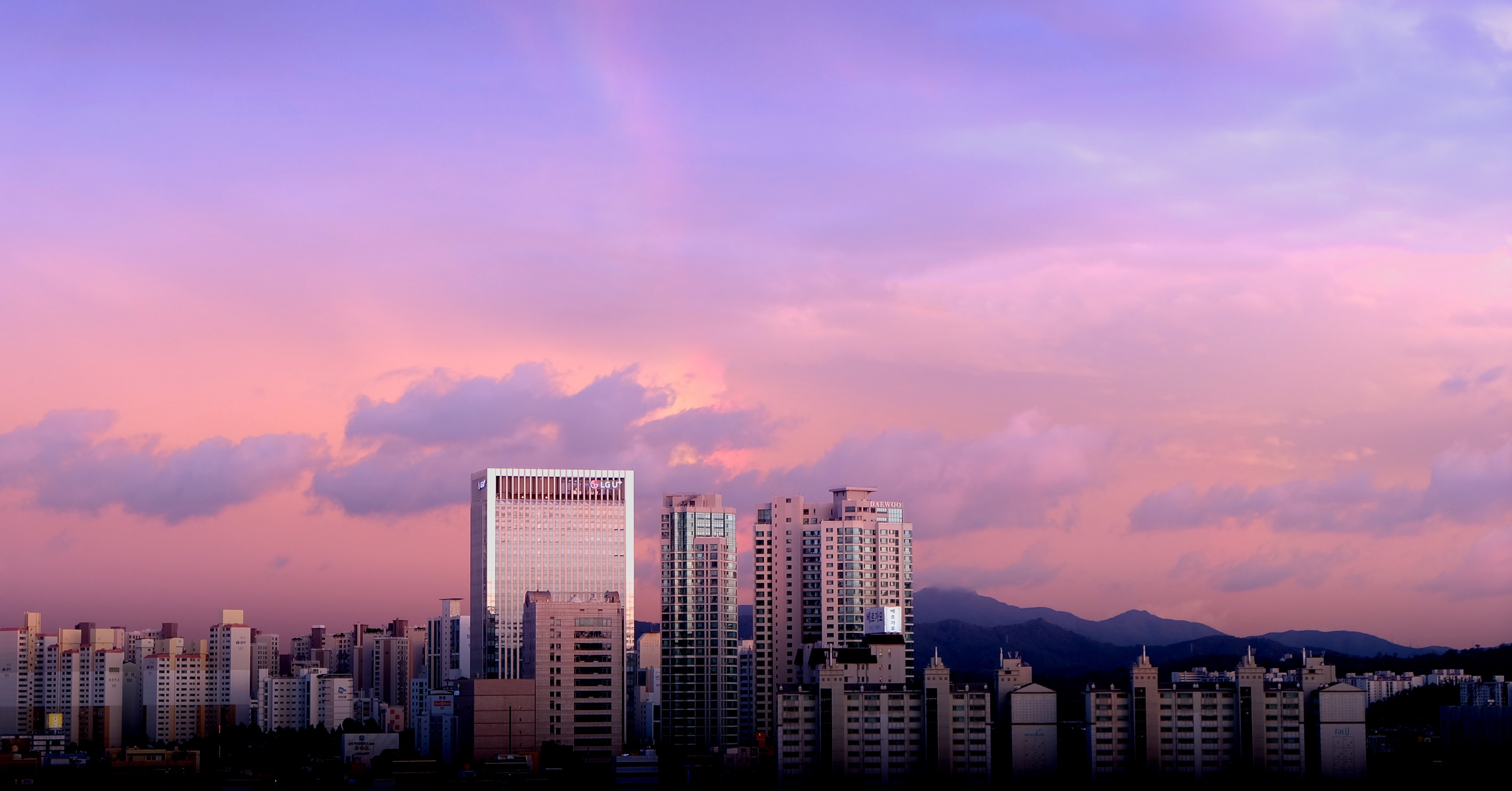 免费照片粉红色天空下的摩天大楼