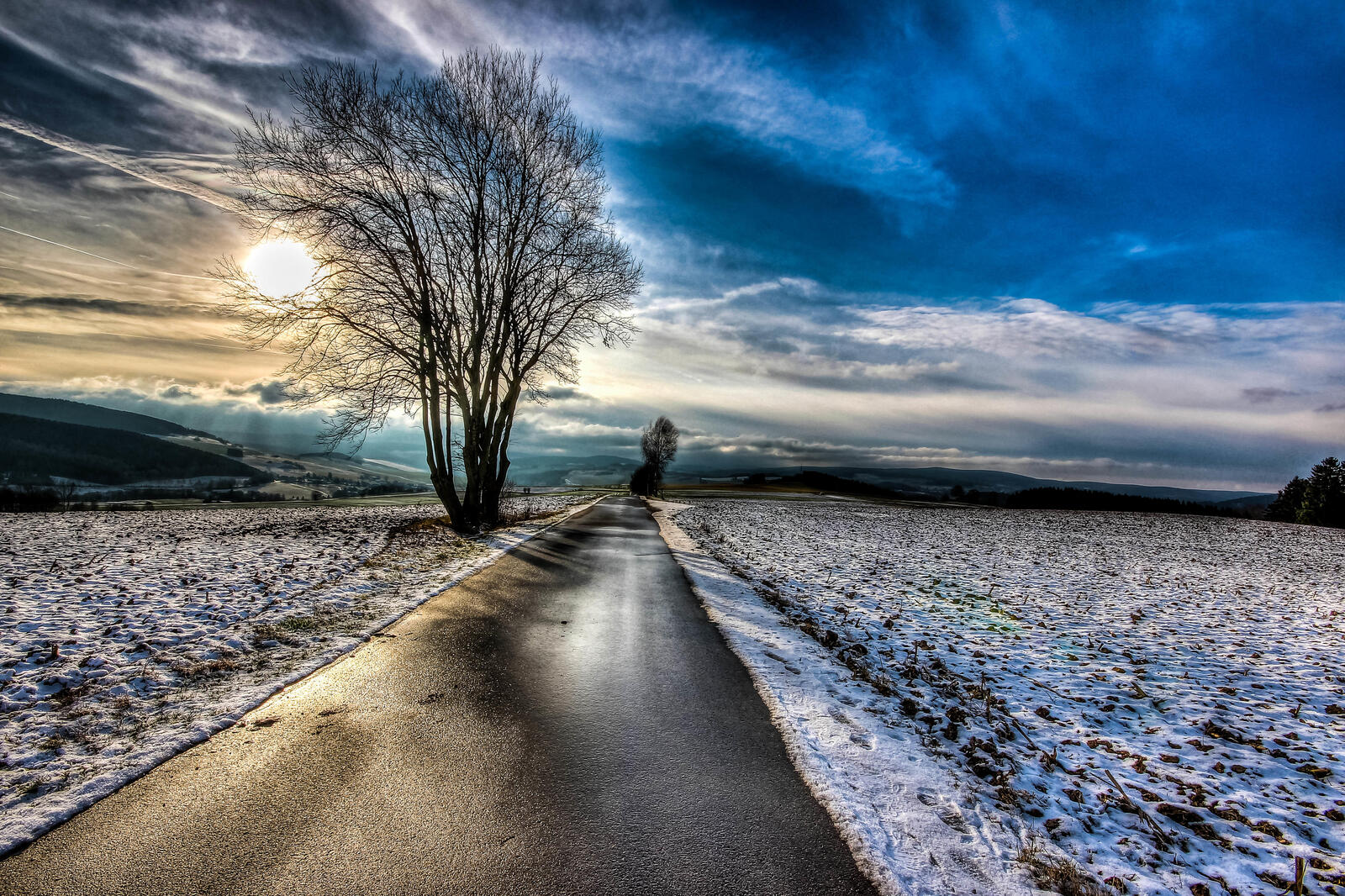 Обои зима деревья асфальтированная дорога на рабочий стол