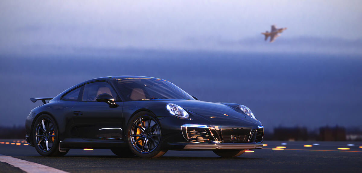 Black Porsche on the runway