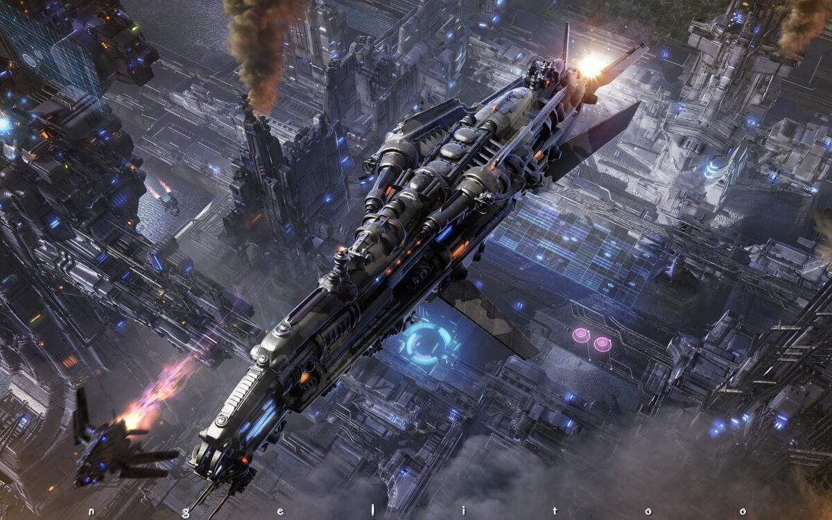 A spaceship flies over a fantasy city