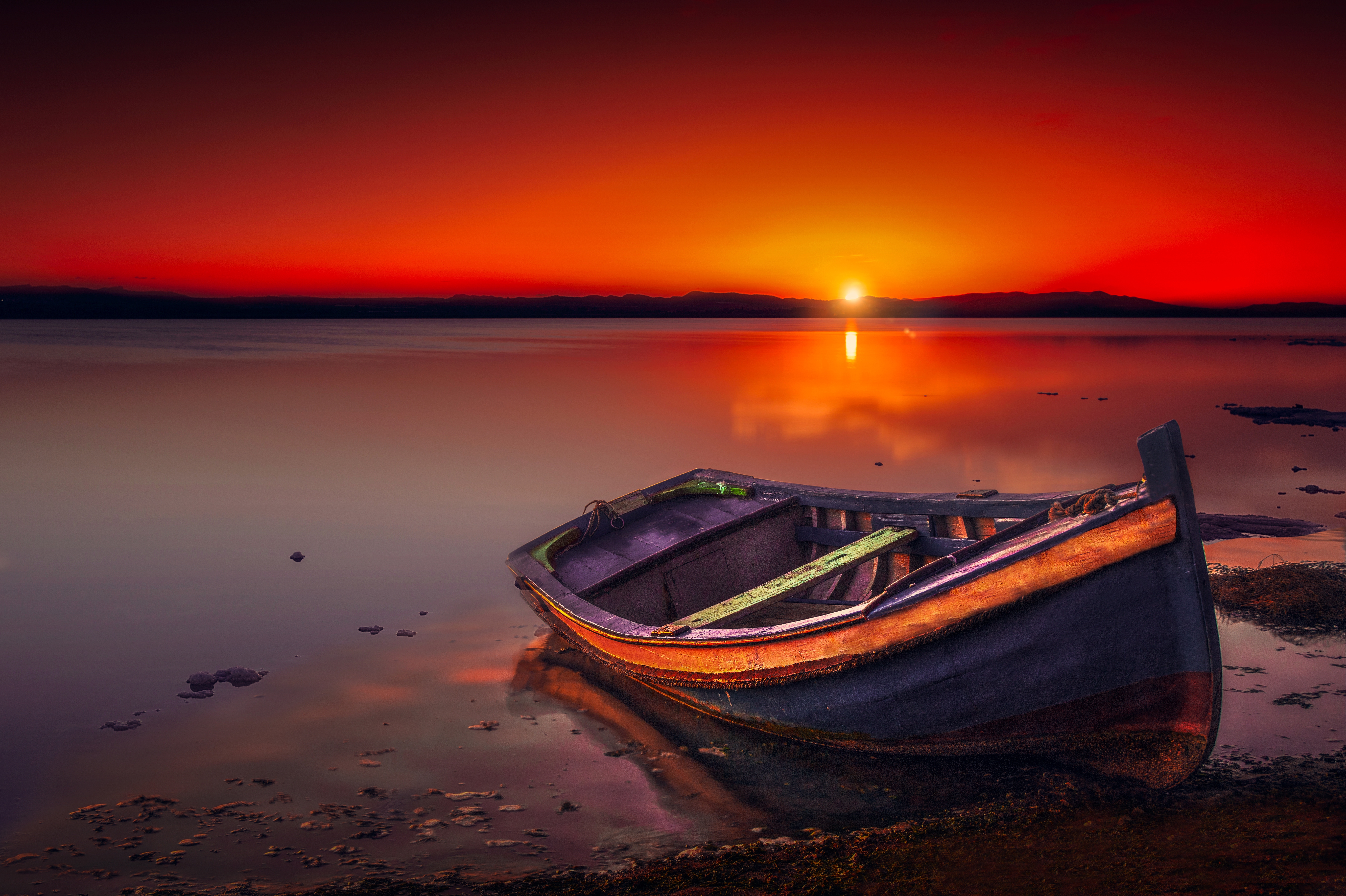 Фото бесплатно обои лодка, горизонт, оранжевое небо