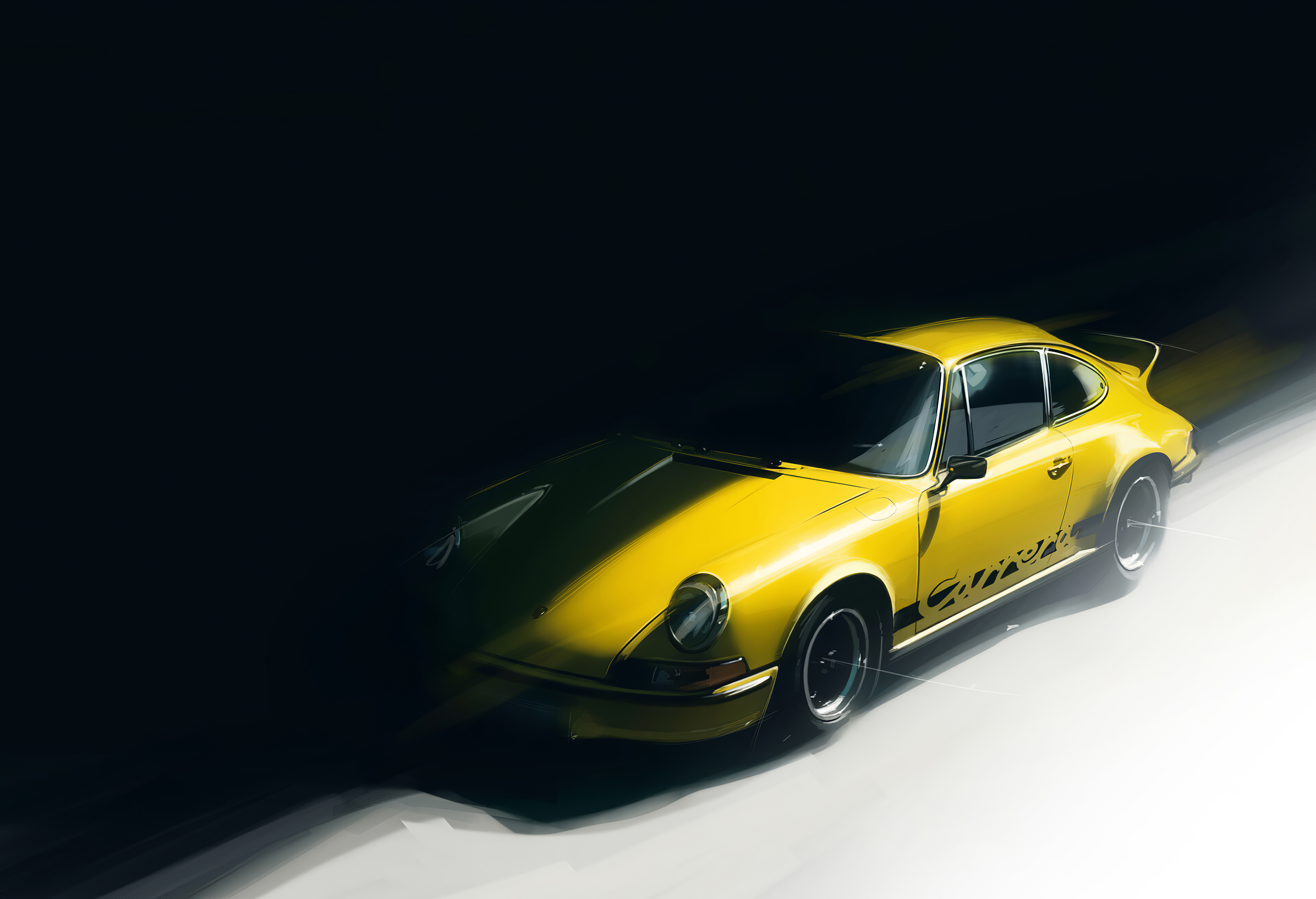 A yellow Porsche 911 in the shadows