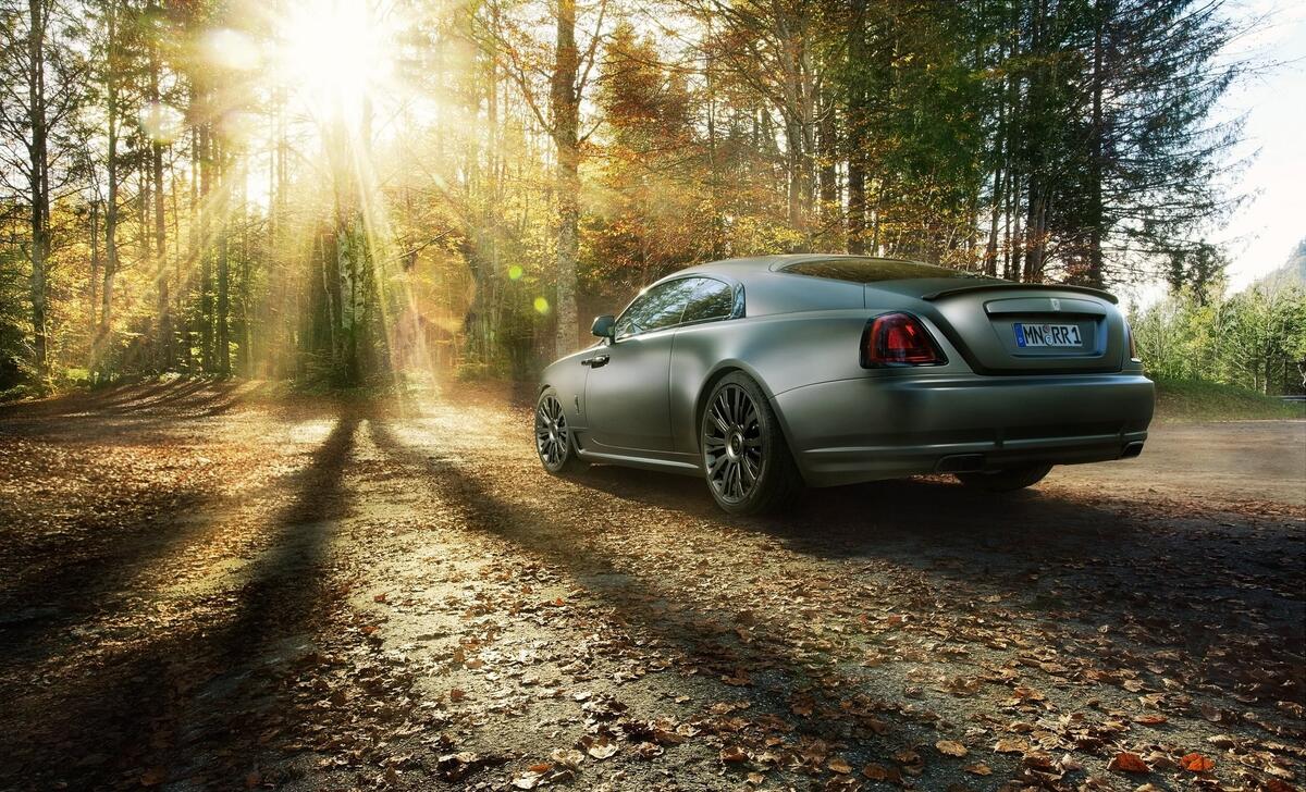 The Rolls Royce Wraith stands in the woods in the sunlight.