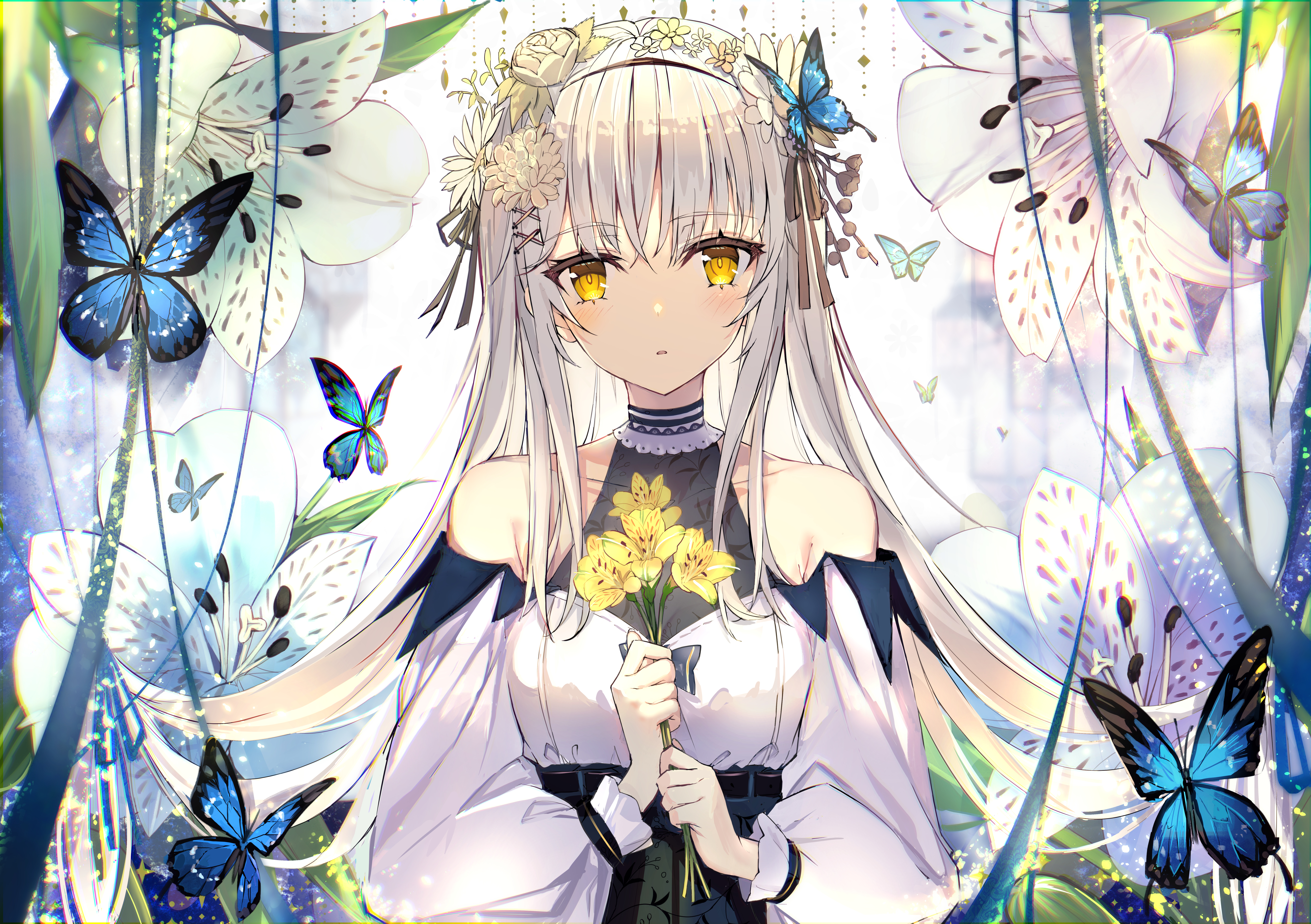 Photo free wallpaper beautiful anime girl, white hair, butterflies