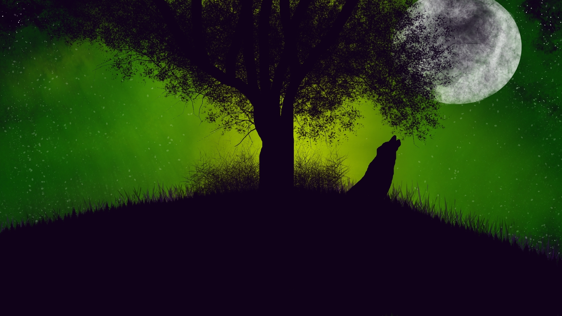 Фото полнолуние одинокое дерево зелёное небо - бесплатные картинки на Fonwall