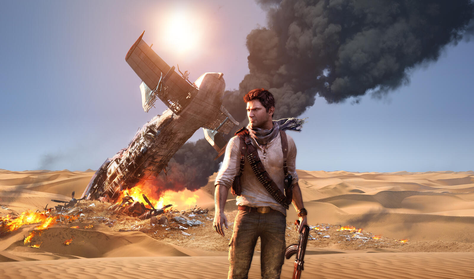 Free photo A downed airplane in the desert in the game uncharted 4