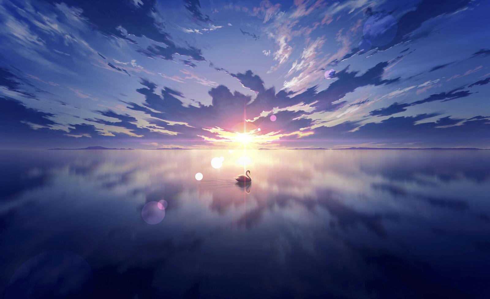 Обои обои аниме пейзаж за облаками закат на рабочий стол