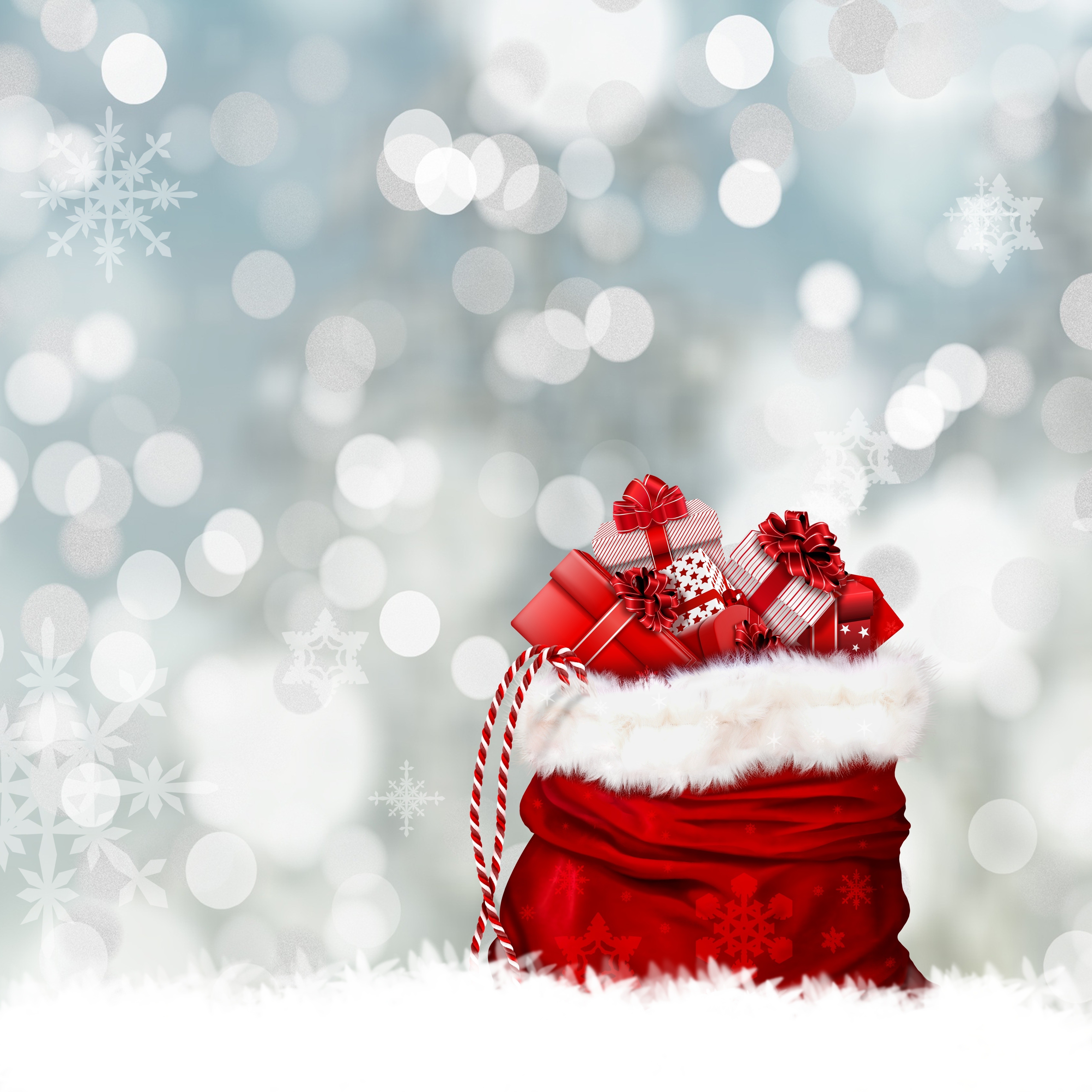 Фото бесплатно мешок с подарками, подарки, снежинки