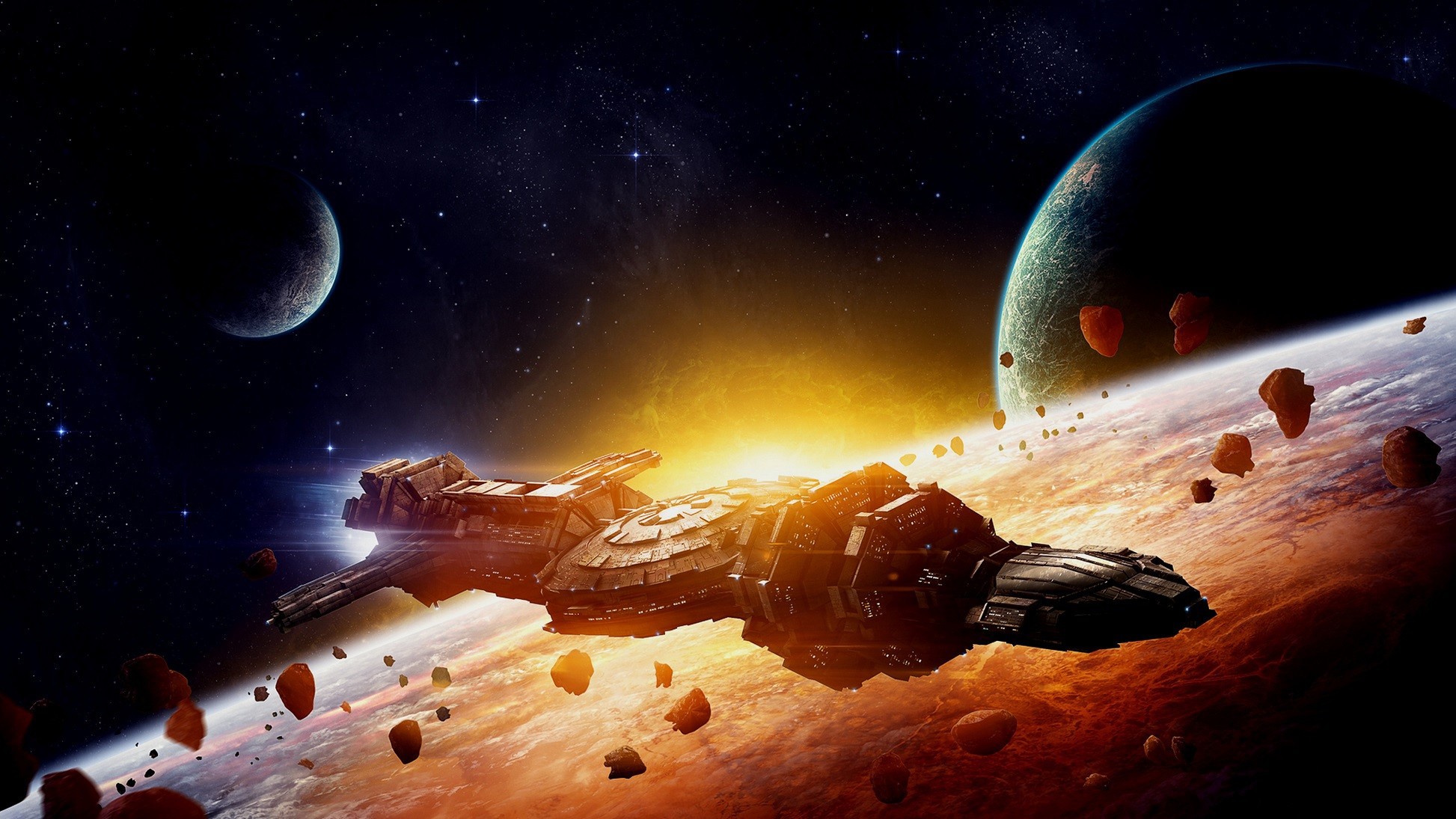 Free photo A spaceship in space against the background of asteroids