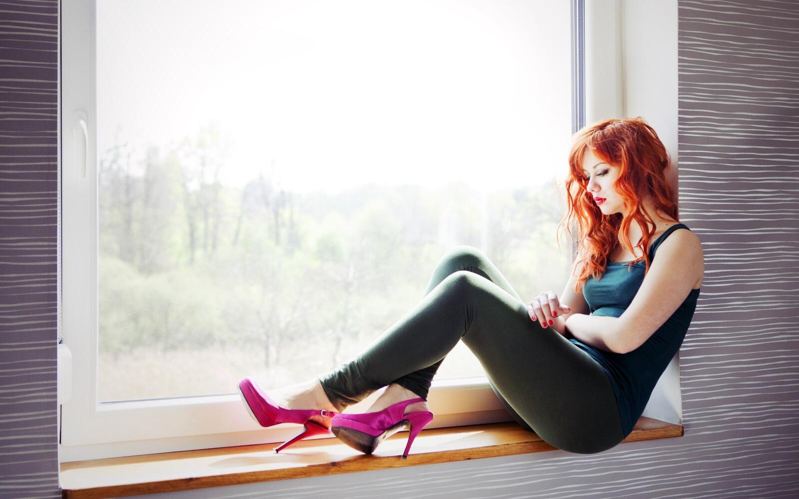 Wallpapers redheads shoes window sill on the desktop