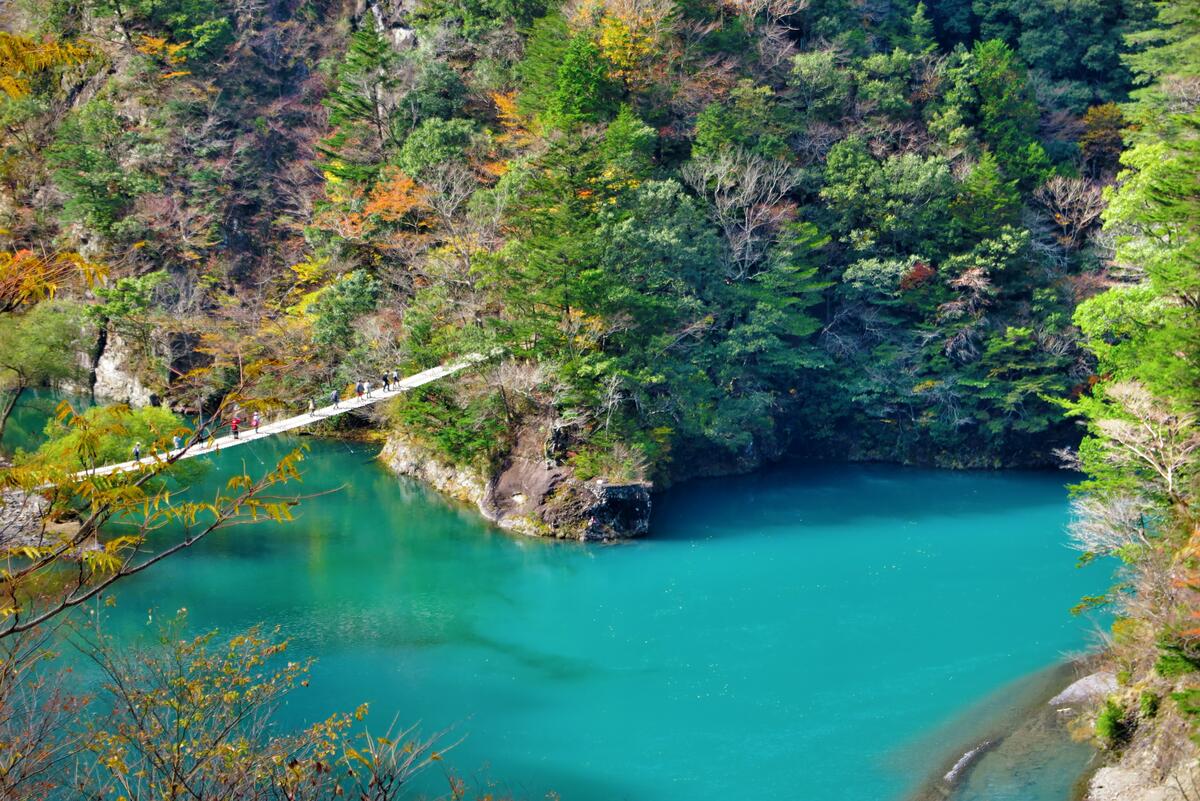 Pedestrian bridge over the blue lake in the mountains