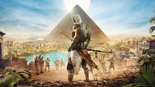 Assassins creed origins in the background of the Egyptian pyramid