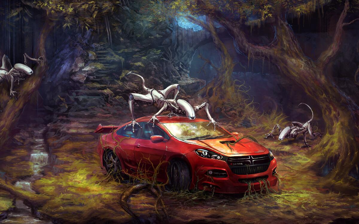 Aliens studying an abandoned red car that stands in the woods