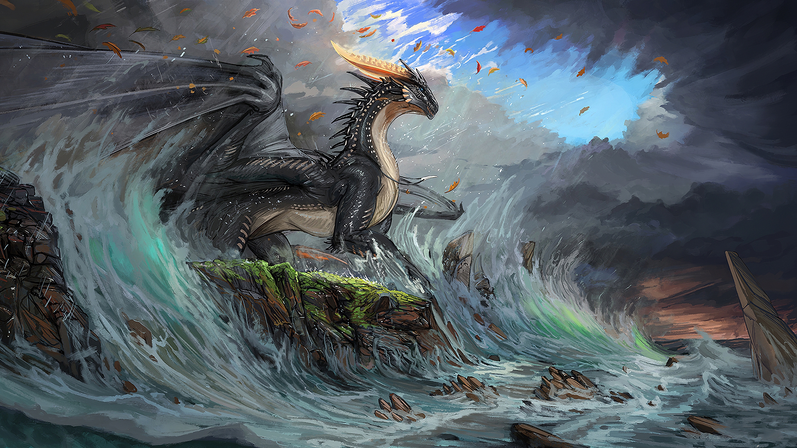 Фото бесплатно обои фэнтези существо, дракон, океан