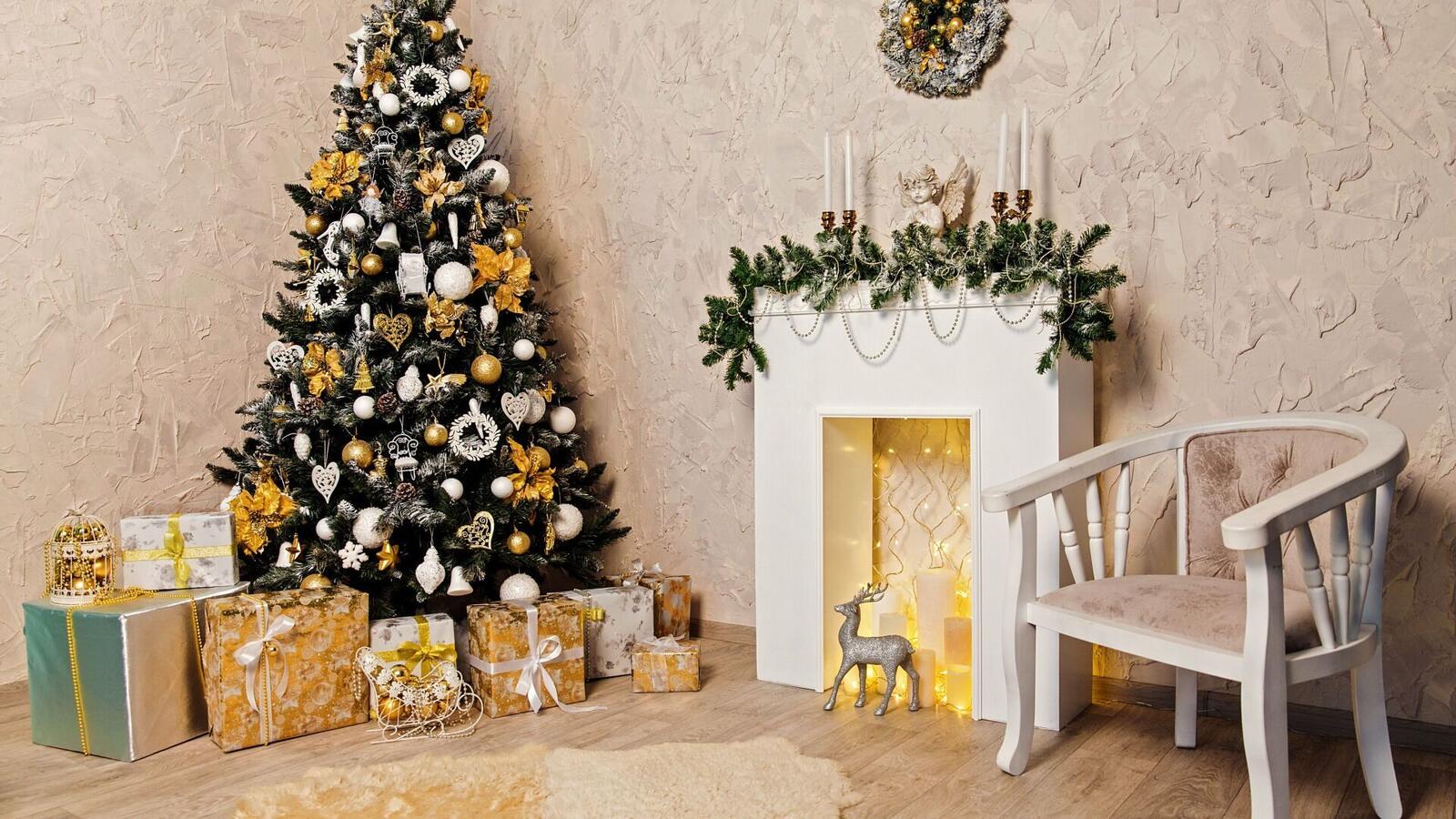 Обои рождественская елка новогодняя атмосфера интерьер на рабочий стол