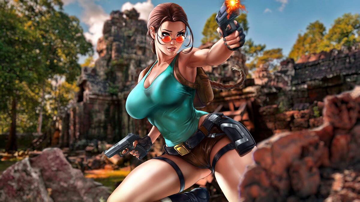 Cartoon Lara Croft shoots a gun.