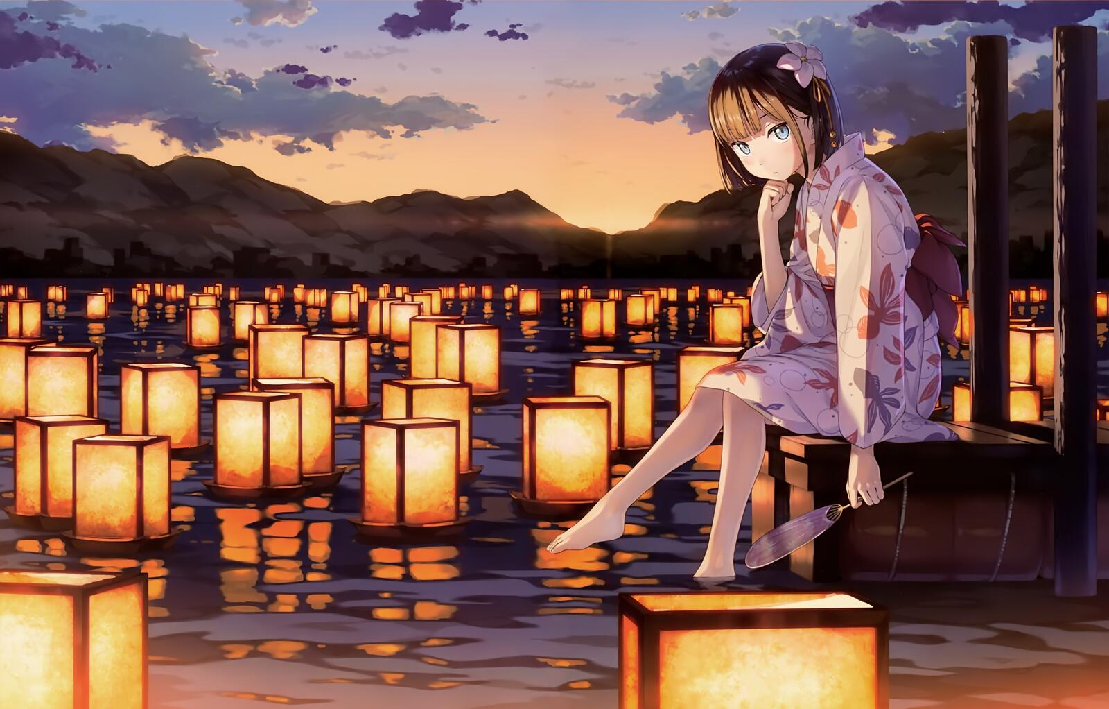Wallpapers anime girl kantoku lanterns on the desktop