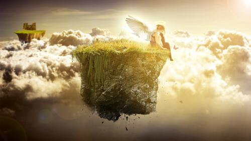 Ангел сидит на левитирующем острове в облаках