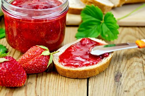 Bread with strawberry jam.