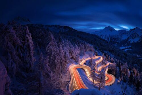 A winding night road