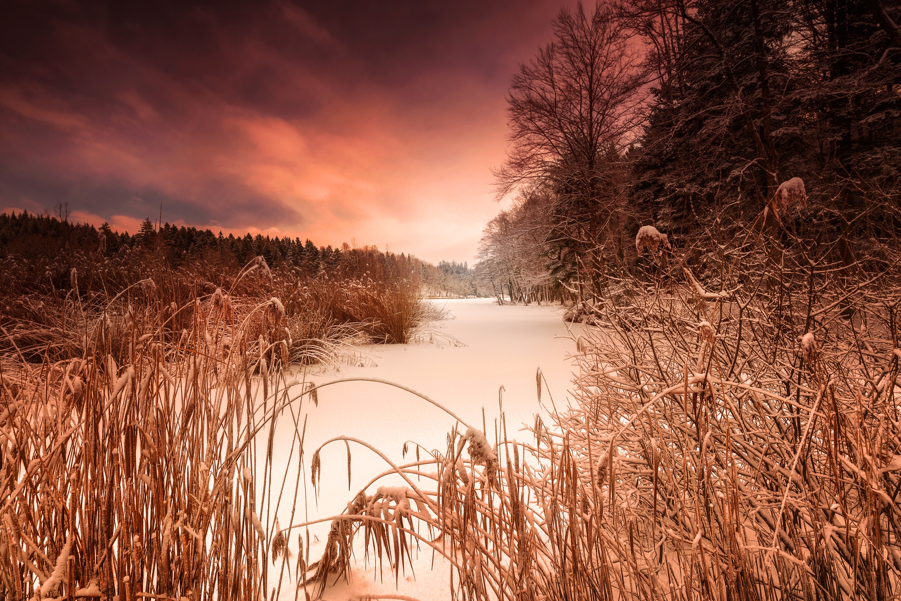 Photo free sunset, winter, frozen river