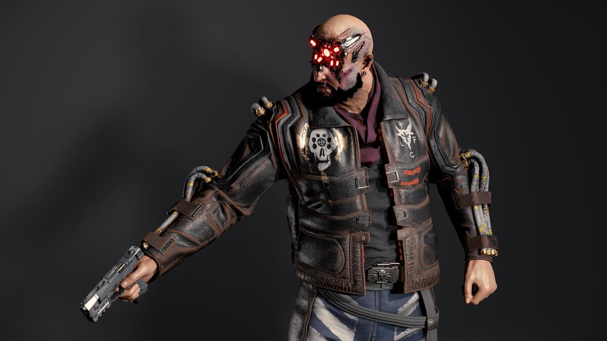 A man with a gun in a cyberpunk 2077 game