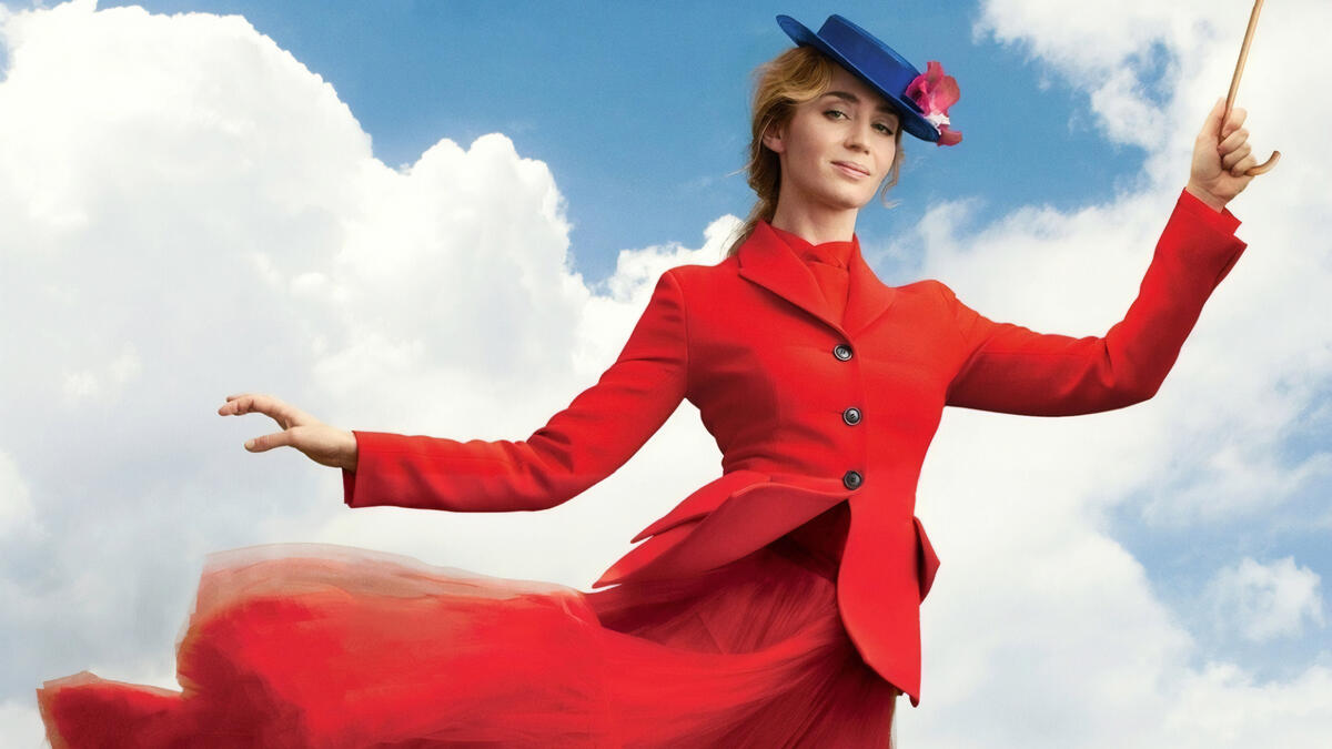 Эмили Блант в красном костюме на фоне облаков