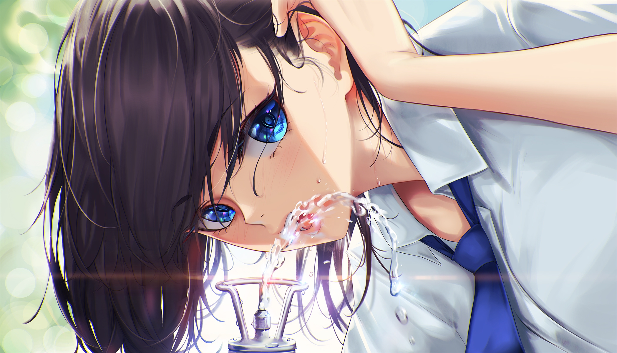 Обои обои красивая девушка аниме водный фонтан школьной формы на рабочий стол