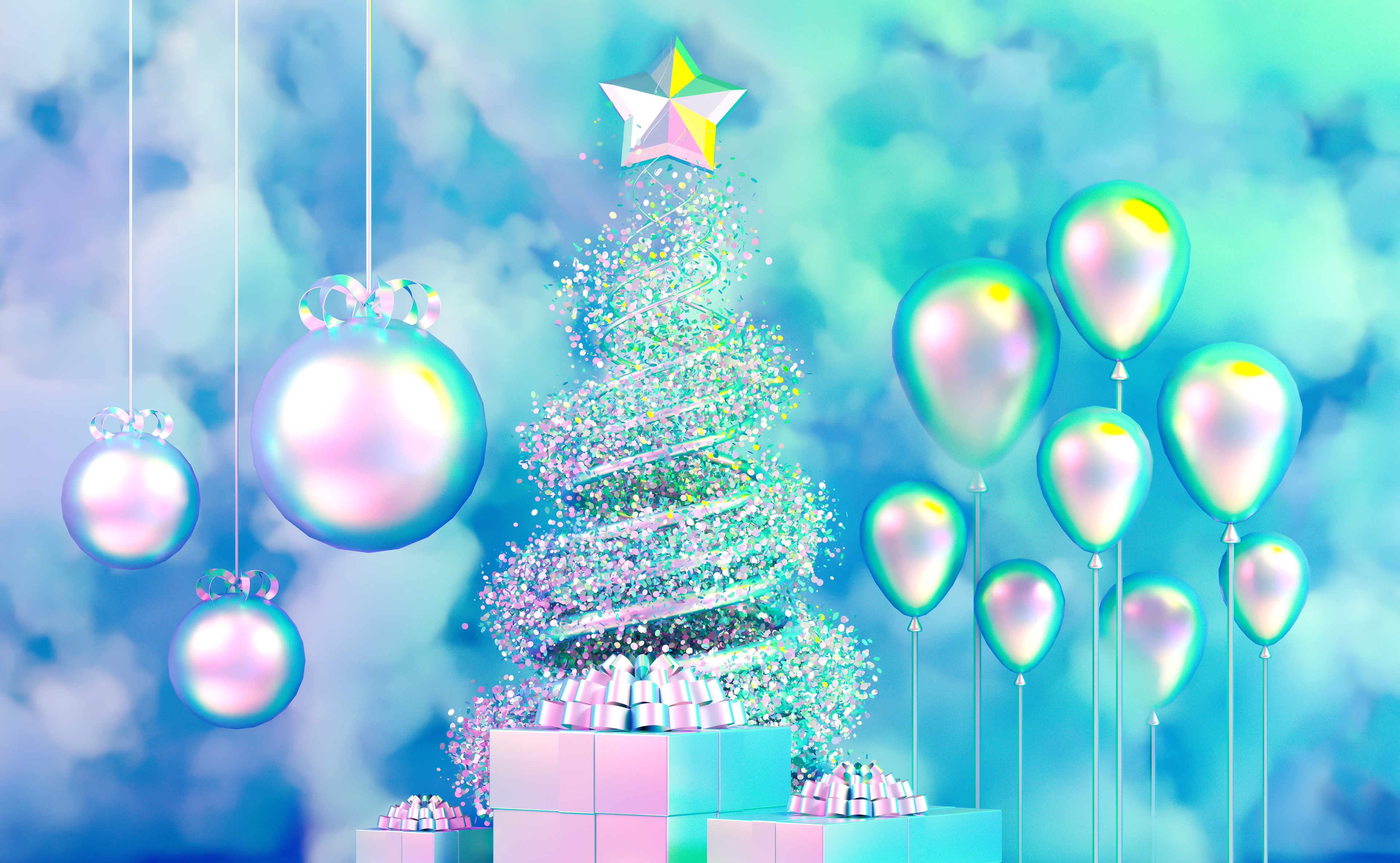 Free photo New Year`s tree with gifts and balloons