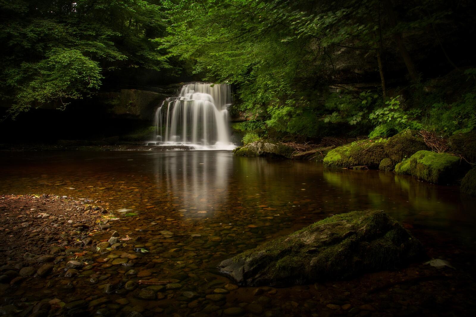 Wallpapers waterfall in the forest water stones on the desktop