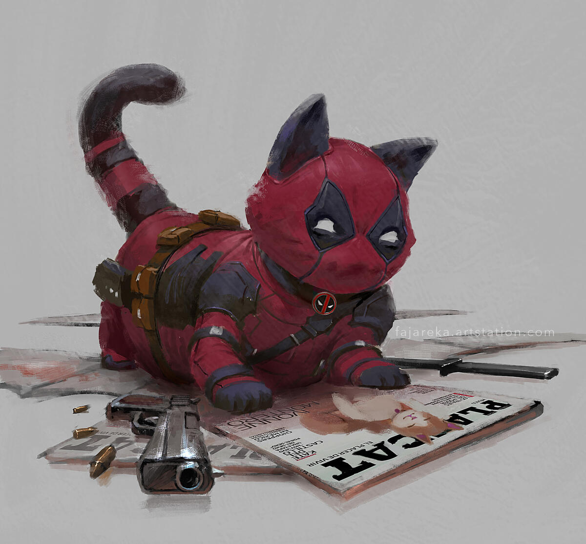 Deadpool`s cat with a gun in the rendering of the picture