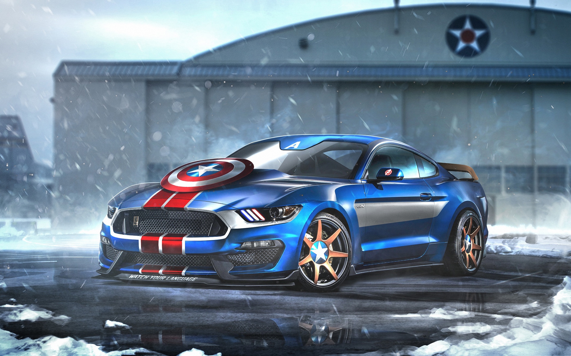 A Ford mustang in the style of captain america.