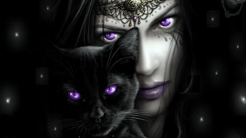 A girl with a cat with purple eyes.
