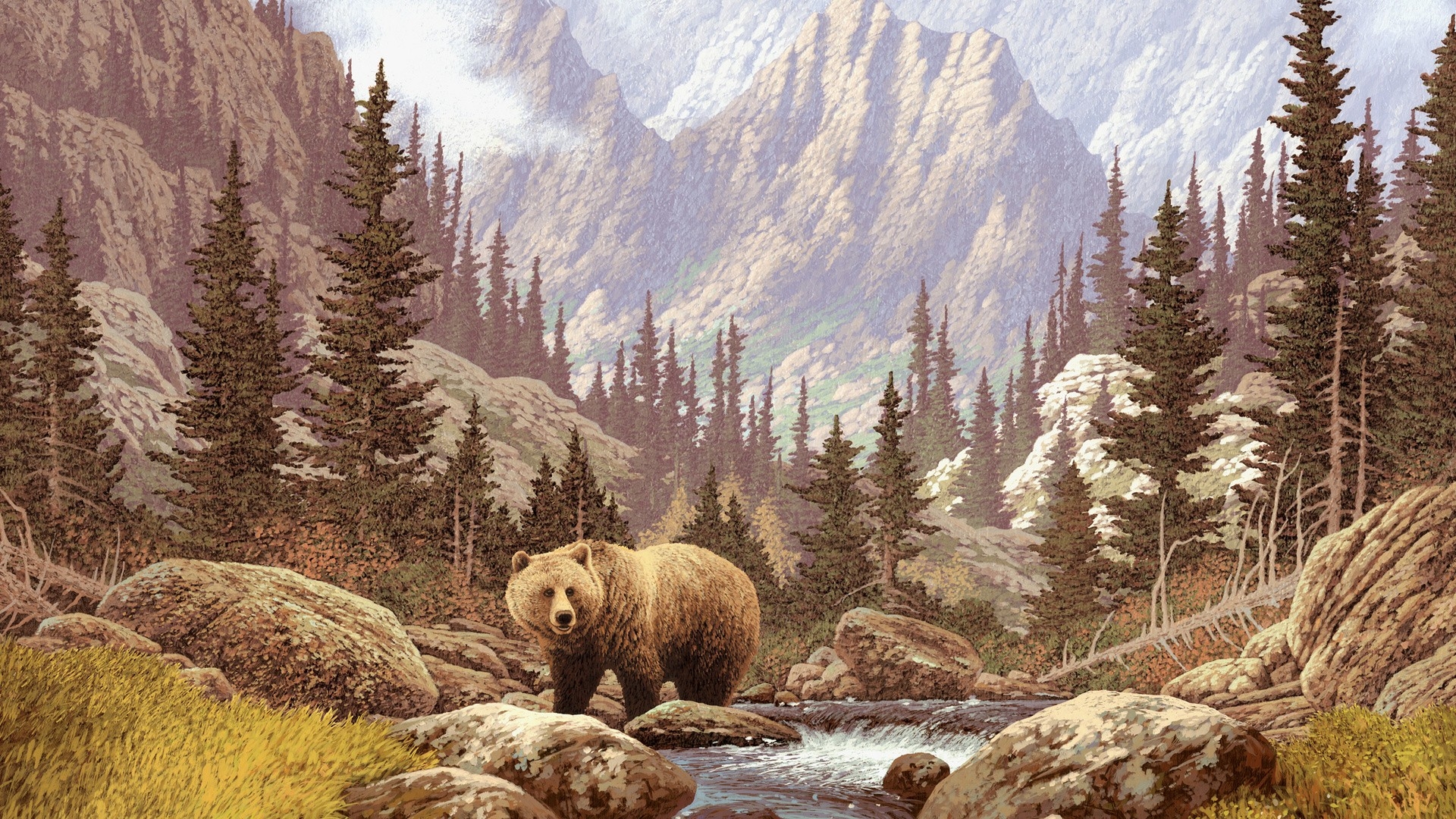 Обои медведь ручей горы на рабочий стол