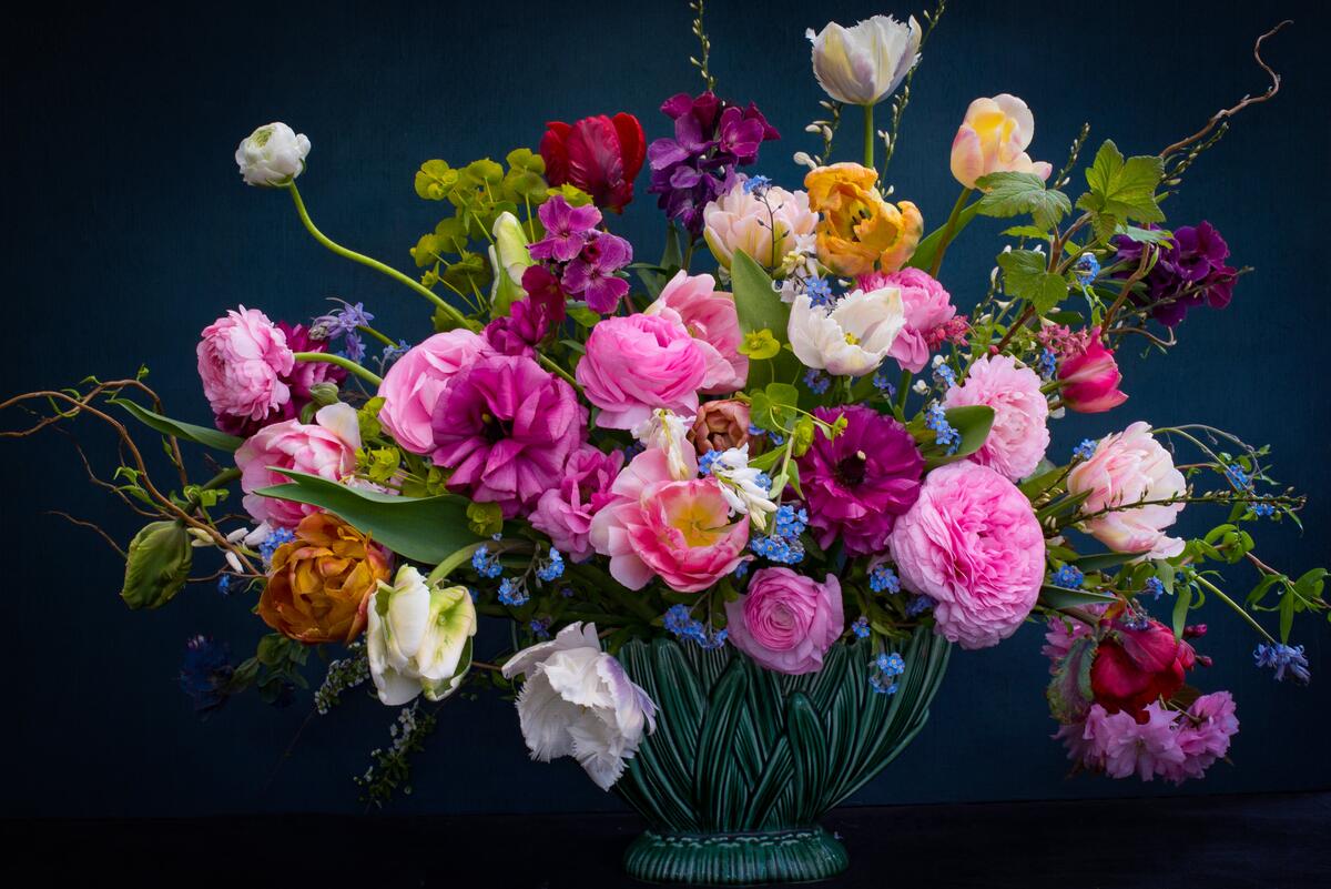 A beautiful bouquet of flowers in a basket