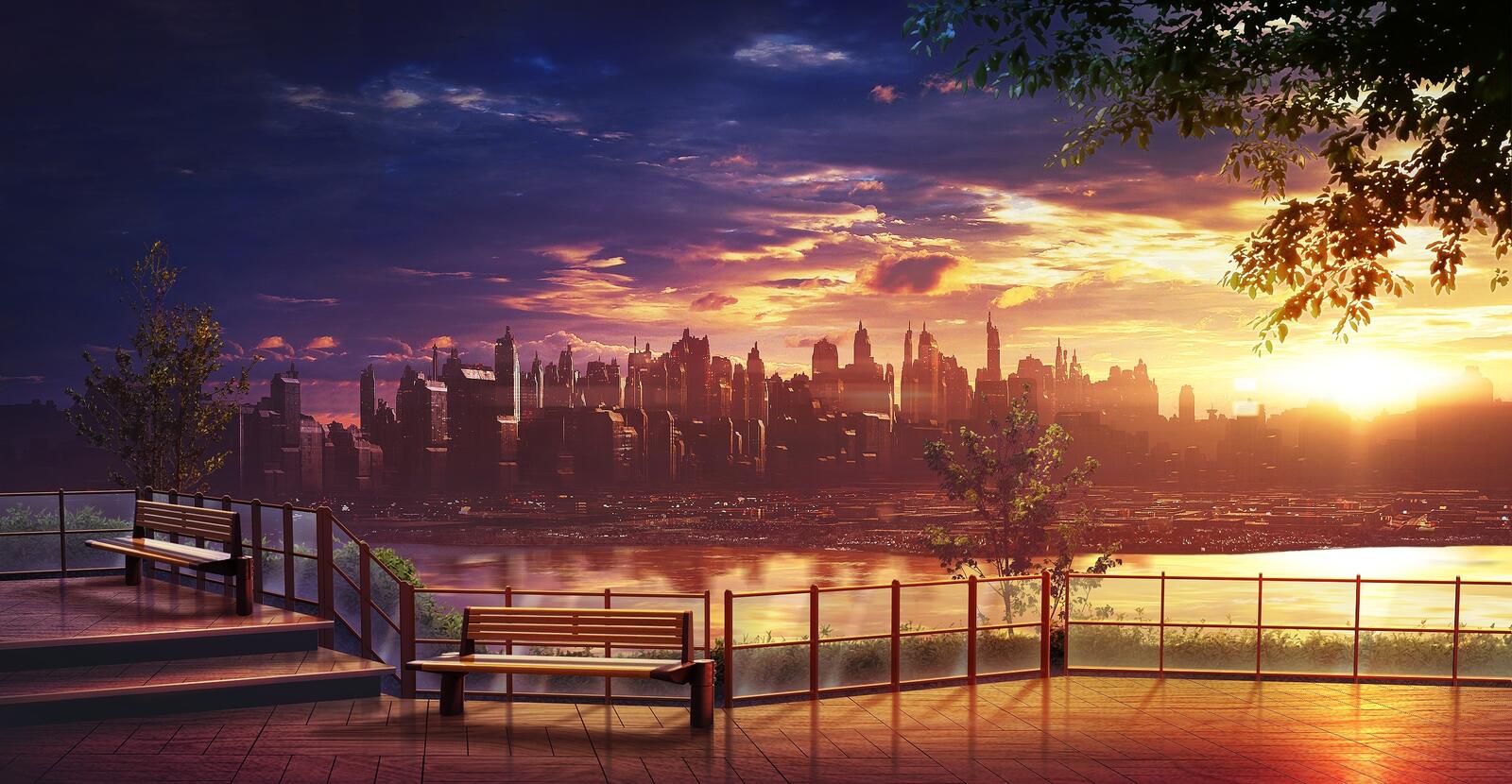 Обои городской пейзаж аниме небоскребы горизонт на рабочий стол