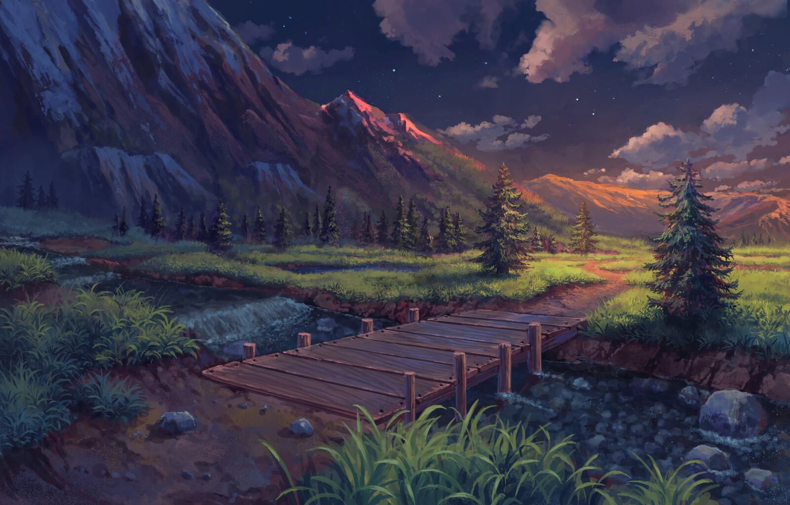 Обои аниме пейзаж горы живописный на рабочий стол
