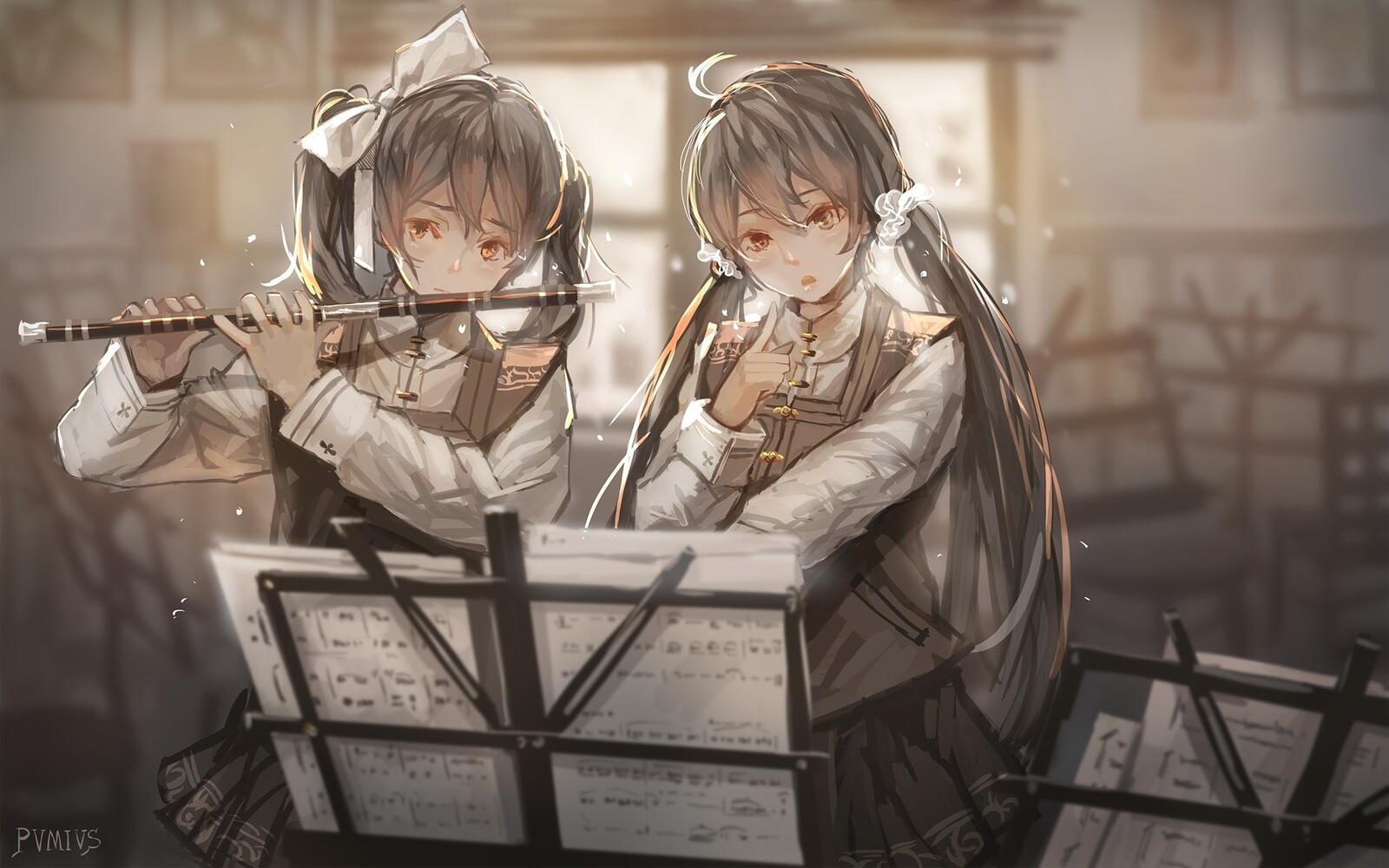 Обои аниме девушки флейта инструмент на рабочий стол