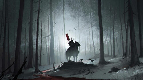 The silhouette of a rider on horseback in a gloomy forest