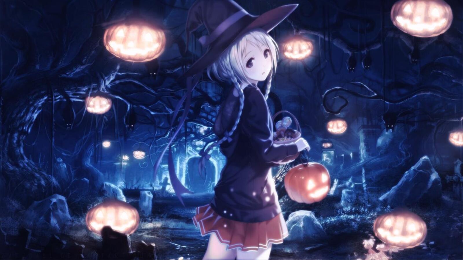 Wallpapers wallpaper anime girl witch hat white hair on the desktop