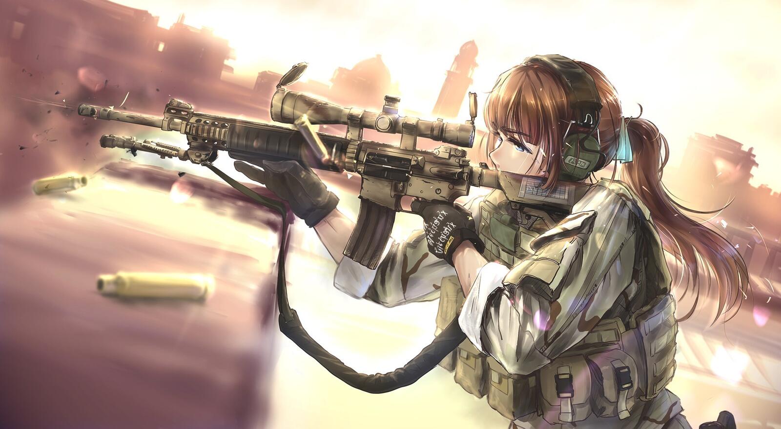 Бесплатное фото Аниме девочка солдат со снайперской винтовкой