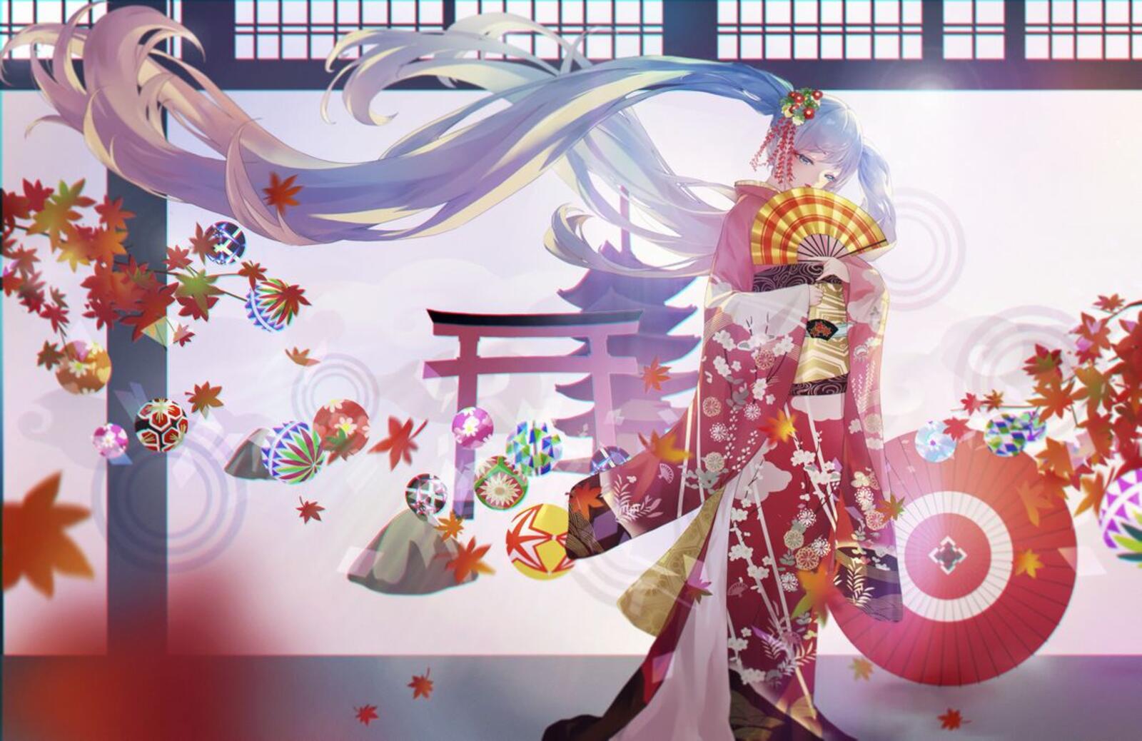 Wallpapers hatsune miku kimono fan on the desktop